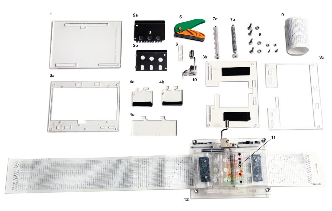 1. Base plate 2. Paper guide plates 3. Chip cartridge platform 4. Side plates 5. Paper hole puncher 6. Side gear rods holder 7. Driver rods with gear trains 8. Bolts and nuts 9. Punch card tape 10. Hand crank 11. Microfluidic chip cartridge 12. Completely assembled device