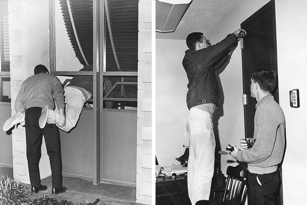 Two photos: 1. a student climbs through window helped by another; 2. they remove the office door. 