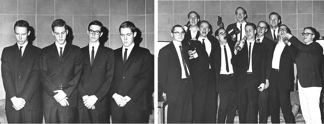 2 photos: 1. 4 students in suits stand looking sad; 2. 10 students celebrating with bottles.