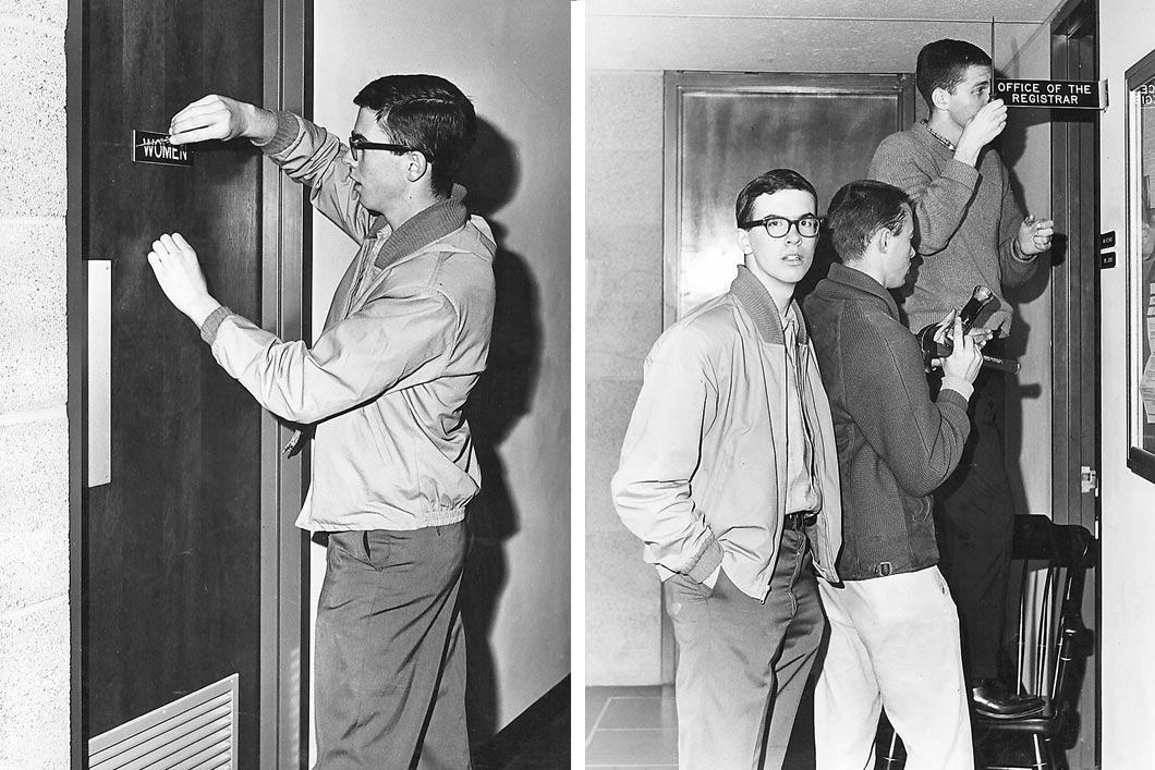 Two photos: 1. A student removes 'women' sign from door; 2. Students remove registrar office sign from wall.