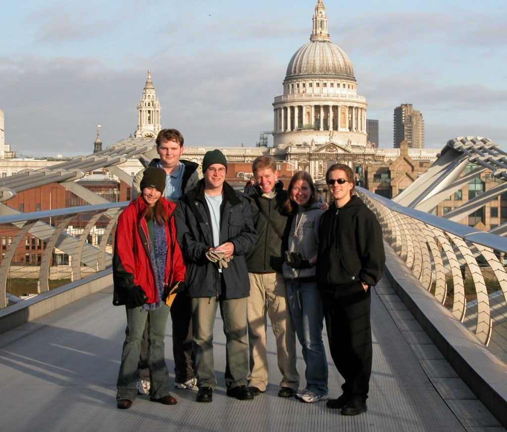 Students on Millennium Bridge in London