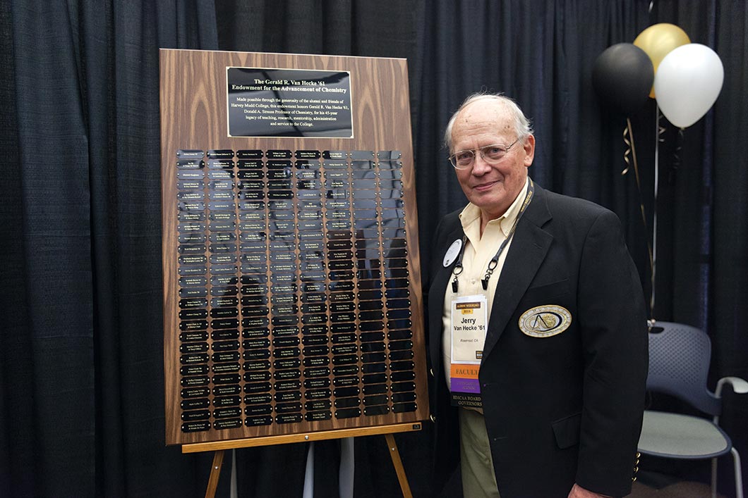 A donor plaque honors Jerry Van Hecke ’61 “for his 45-year legacy of teaching, research, mentorship, administration and service to the College.”