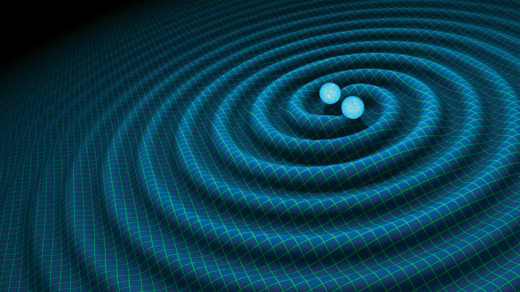 This illustration shows the merger of two black holes and the gravitational waves that ripple outward as the black holes spiral toward each other. The black holes—which represent those detected by LIGO on Dec. 26, 2015—were 14 and 8 times the mass of the sun, until they merged, forming a single black hole 21 times the mass of the sun. In reality, the area near the black holes would appear highly warped, and the gravitational waves would be difficult to see directly.