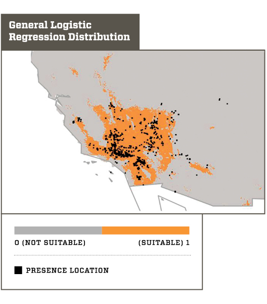 Map showing distribution of suitable and not-suitable lizard habitats.