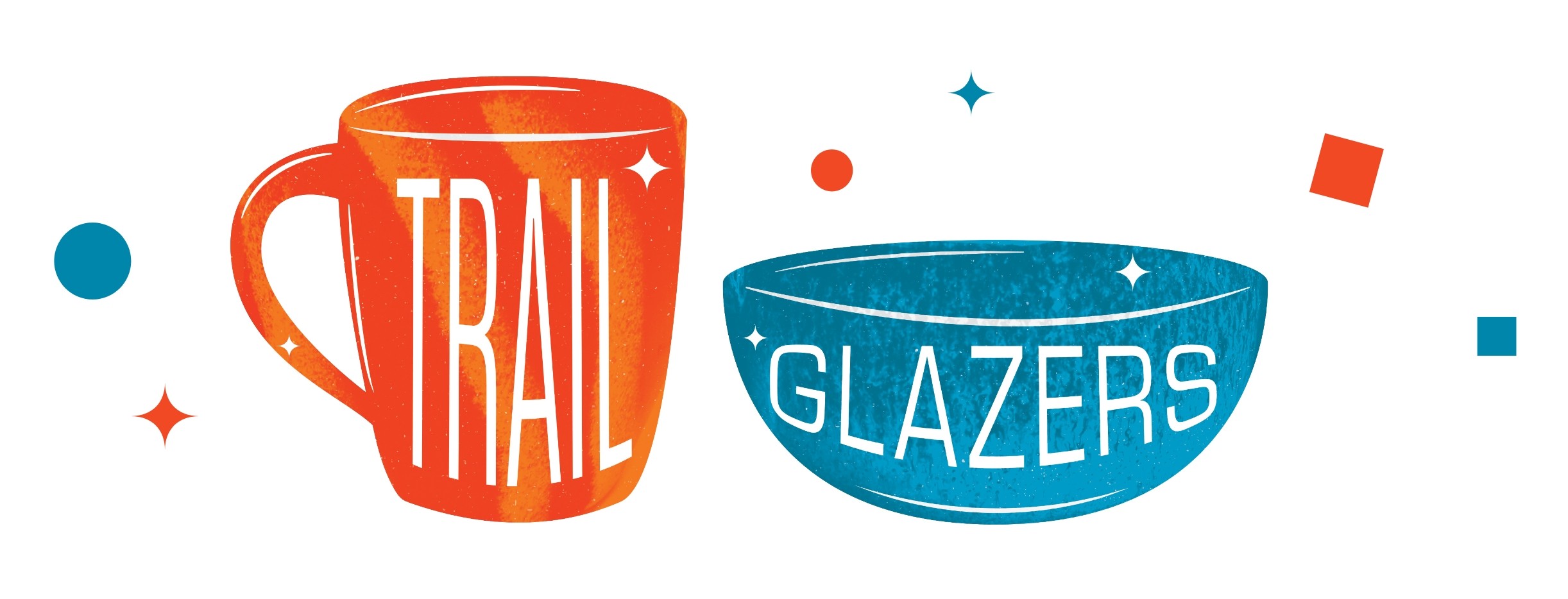 Illustration of an orange mug printed with "trail" and a blue bowl printed with "glazers."